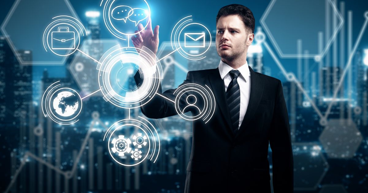 Representação visual de ferramentas de HR Tech (tecnologia para RH) conectando colaboradores em um modelo de trabalho híbrido, focando na produtividade em São Paulo.