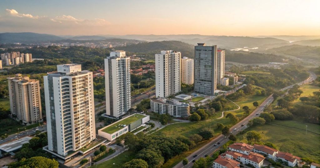 Vista aérea de cidade do interior de São Paulo mostrando edifícios modernos, áreas verdes e infraestrutura urbana planejada, representando o crescimento do mercado imobiliário em 2026