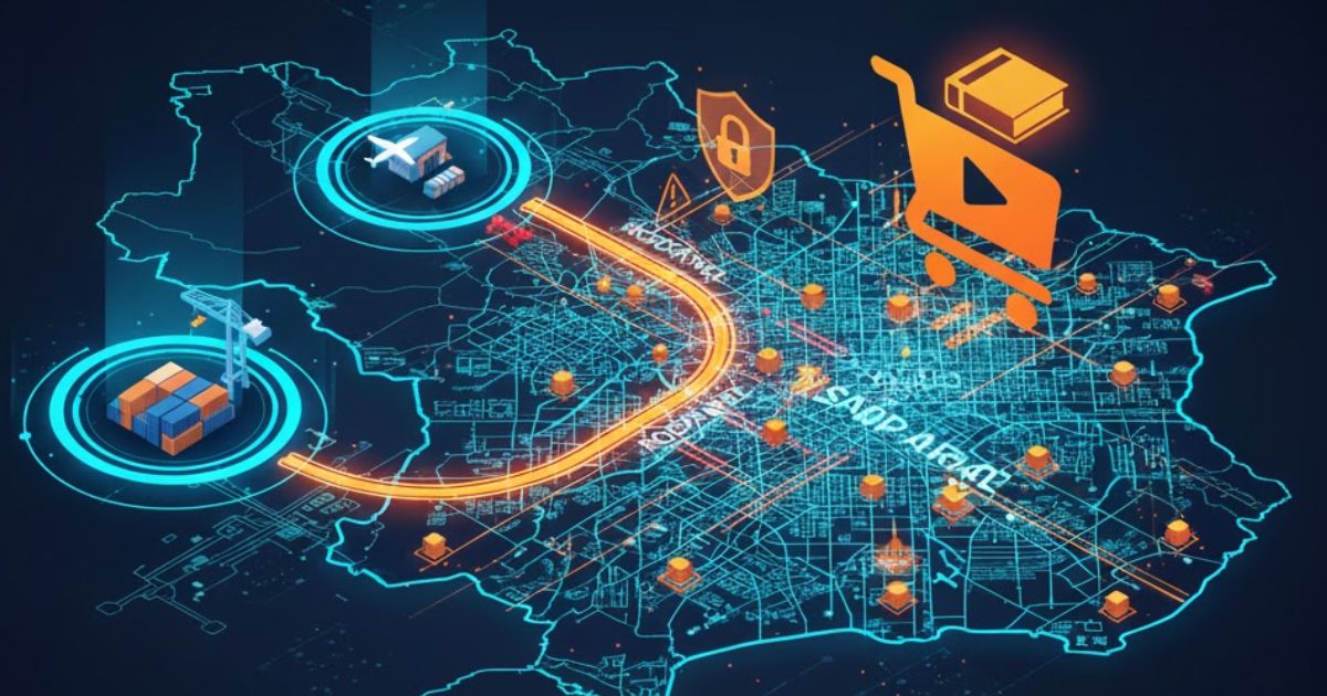 rede logística e-commerce de São Paulo em azul e ciano. A imagem destaca a conexão digital entre o Porto de Santos, os hubs regionais do interior (Campinas/Sorocaba) e o centro urbano, ilustrando o fluxo de mercadorias e a infraestrutura de transporte.