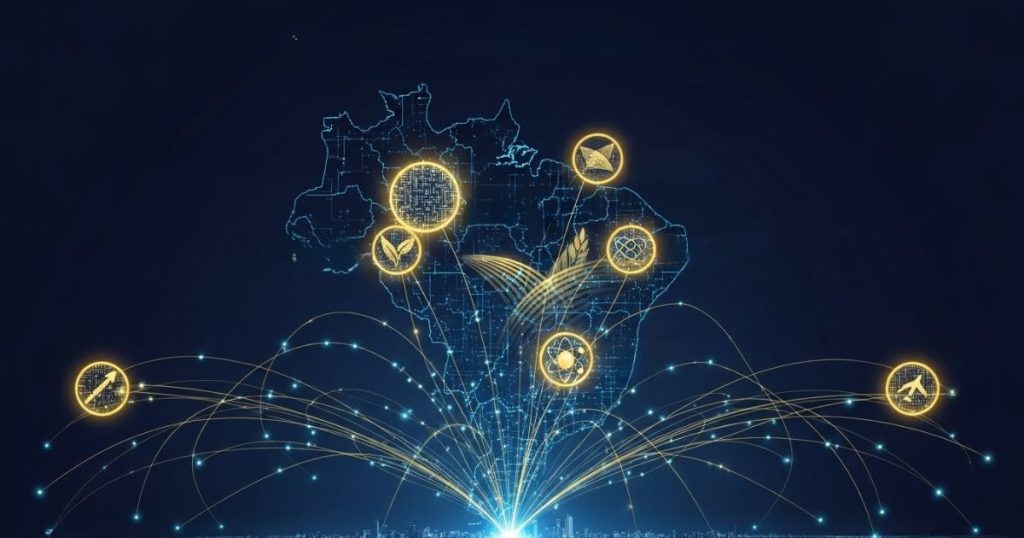 Mapa digital e interconectado do estado de São Paulo, em azul marinho e dourado, destacando os nós de inovação: Campinas (High-Tech), Piracicaba (AgTech Valley), São Carlos (Deep Tech) e São José dos Campos (Aeroespacial), simbolizando a descentralização do crescimento empresarial regional.