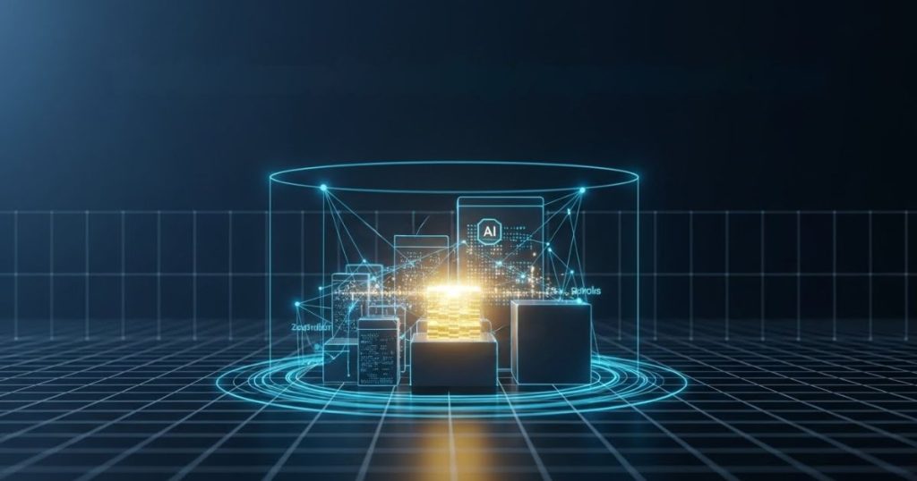 Representação visual das tendências de software para 2026: blocos modulares em azul marinho e dourado interligados por circuitos digitais, envolvidos por um escudo de segurança (Zero Trust), simbolizando a fusão entre a Inteligência Artificial Generativa (GenAI), Arquitetura Componível e Soberania de Dados.